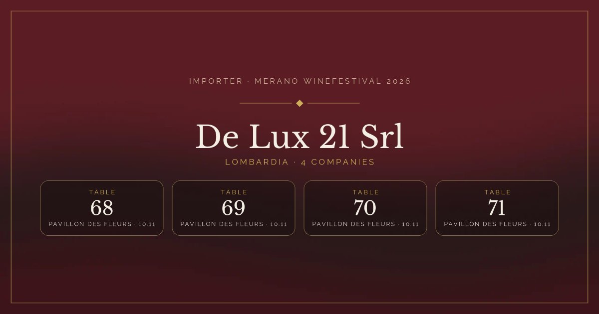 De Lux 21 Srl · Merano WineFestival 2026 — Tables 68–71 (Pavillon des Fleurs, 10.11)