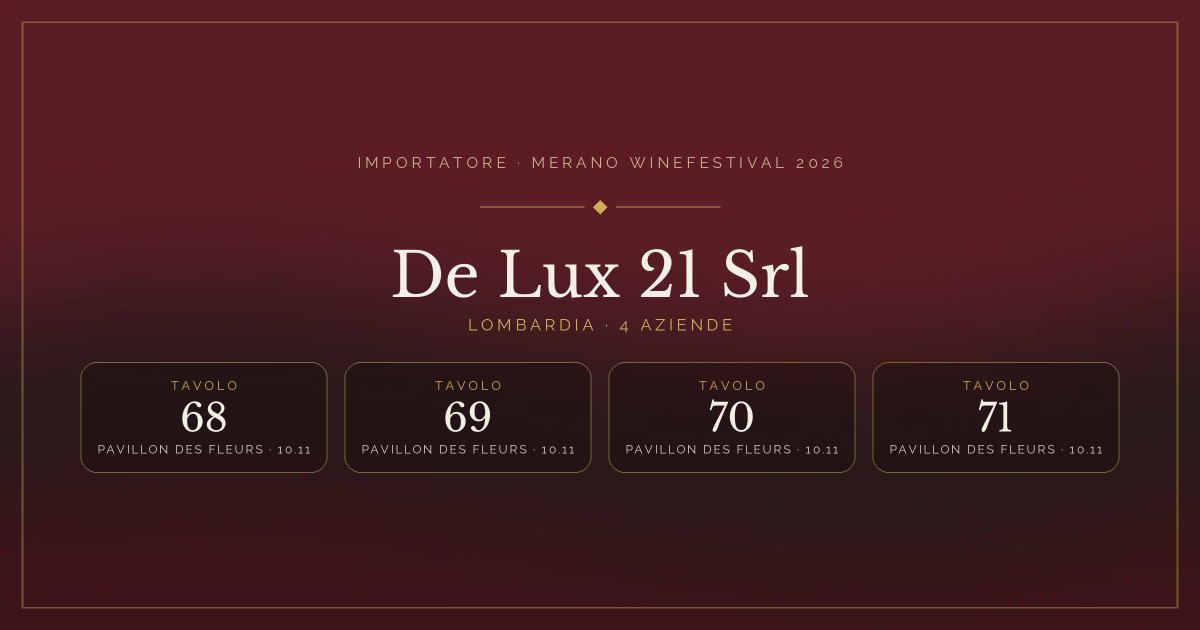 De Lux 21 Srl · Merano WineFestival 2026 — Tavoli 68–71 (Pavillon des Fleurs, 10.11)