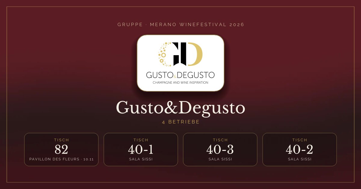 Gusto&Degusto · Merano WineFestival 2026 — Tisch 82 (Pavillon des Fleurs, 10.11), Tische 40-1, 40-3, 40-2 (Sala Sissi)