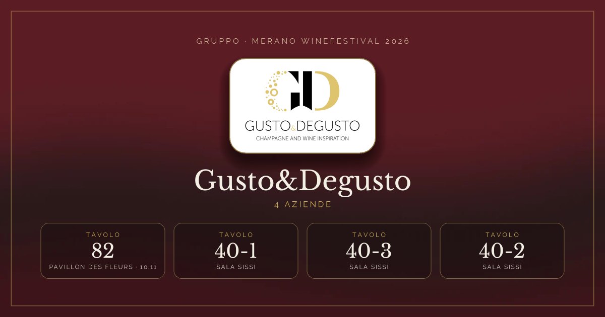 Gusto&Degusto · Merano WineFestival 2026 — Tavolo 82 (Pavillon des Fleurs, 10.11), tavoli 40-1, 40-3, 40-2 (Sala Sissi)