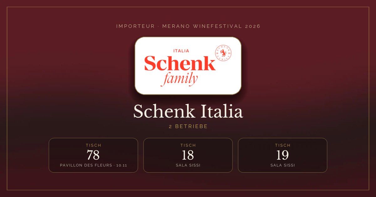 Schenk Italia · Merano WineFestival 2026 — Tisch 78 (Pavillon des Fleurs, 10.11), Tische 18, 19 (Sala Sissi)