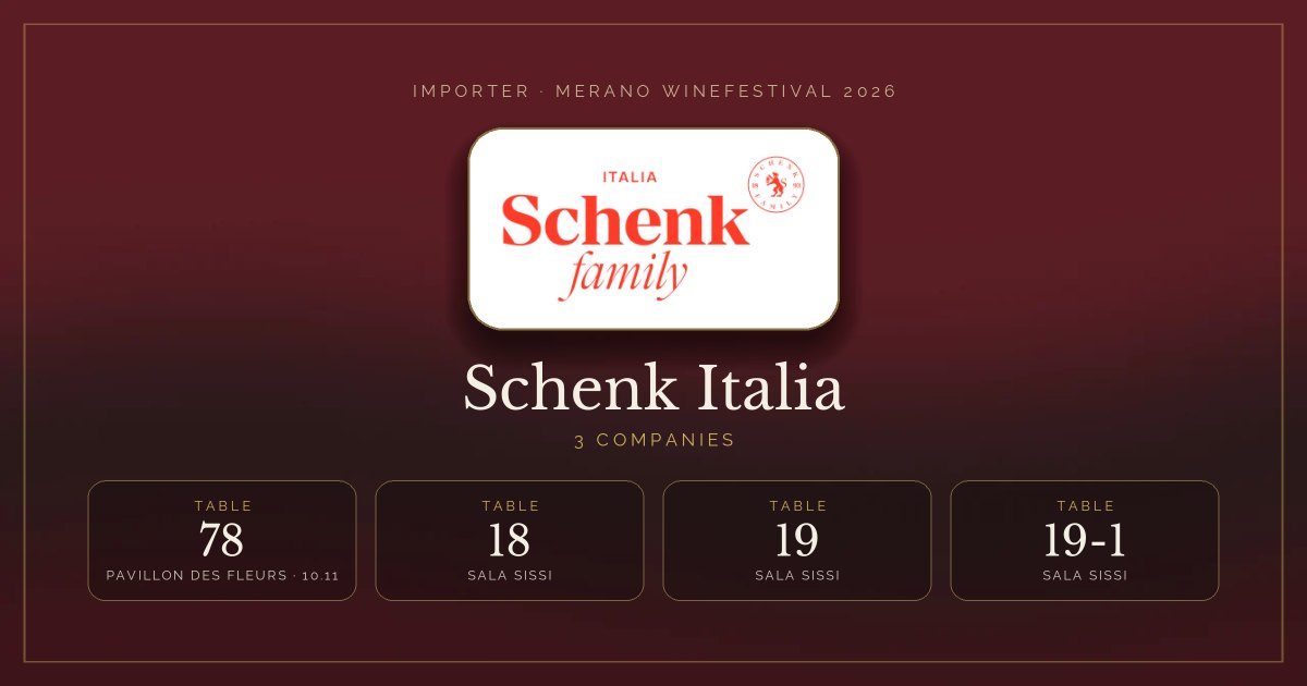 Schenk Italia · Merano WineFestival 2026 — Table 78 (Pavillon des Fleurs, 10.11), tables 18, 19, 19-1 (Sala Sissi)