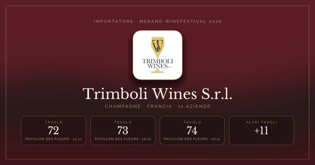 Trimboli Wines S.r.l. · Merano WineFestival 2026 — Tavoli 72–77 (Pavillon des Fleurs, 10.11), tavoli 6–13 (Sala Sissi)